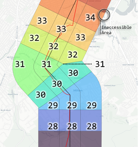 An image of a section of BAT Route 12, which shows the relative sizes of cells and provides a note for an area that cannot be accessed via the route alignment. The cells are numbered by group from 28 at the bottom to 34 at the top.